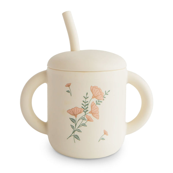 Mushie Silicone Training Cup + Straw-Sippy Cups-Mushie-Pink Flowers-www.hellomom.co.za