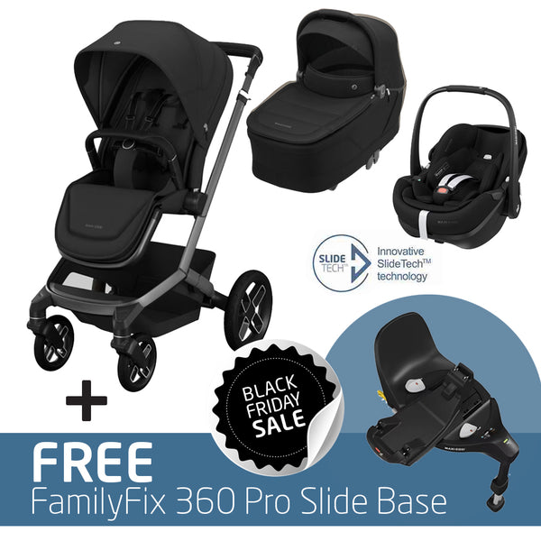 Maxi Cosi Fame Travel System: Fame Stroller + Fame Carrycot + Pebble 360 Pro Car Seat + FREE FamilyFix 360 Pro Slide Base-Travel Systems-Maxi Cosi-Twillic Black-www.hellomom.co.za