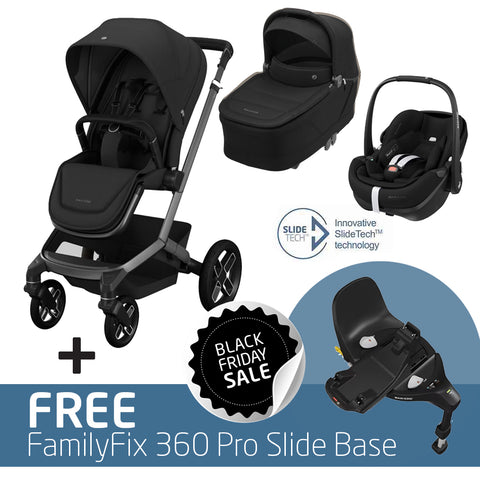 Maxi Cosi Fame Travel System: Fame Stroller + Fame Carrycot + Pebble 360 Pro Car Seat + FREE FamilyFix 360 Pro Slide Base-Travel Systems-Maxi Cosi-Twillic Black-www.hellomom.co.za