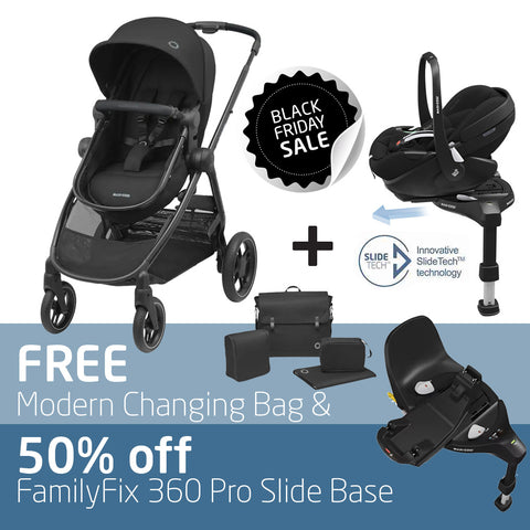 Maxi Cosi Zelia³ Travel System: Zelia³ Stroller + Pebble 360 Pro Car Seat + FamilyFix 360 Pro Slide Base + FREE Modern Changing Bag & 50% OFF FamilyFix 360 Pro Slide Base-Travel Systems-Maxi Cosi-Black-www.hellomom.co.za
