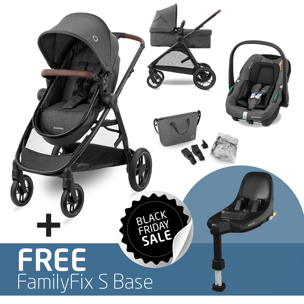 Maxi Cosi Zelia S Trio Travel System: Zelia S Stroller + CabrioFix S i-Size Car Seat + Nursery Bag & FREE FamilyFix S Base-Travel Systems-Maxi Cosi-Black-www.hellomom.co.za