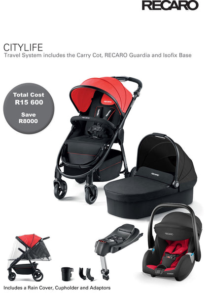 Recaro Citylife Travel System in Red and Black-Baby Strollers-Recaro-Recaro Citylife,Guardia carseat,Carrycot and smartFix Base-www.hellomom.co.za