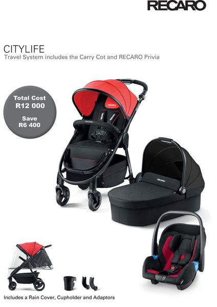 Recaro Citylife Travel System in Red and Black-Baby Strollers-Recaro-Recaro Citylife, Privia Car Seat and Carrycot-www.hellomom.co.za