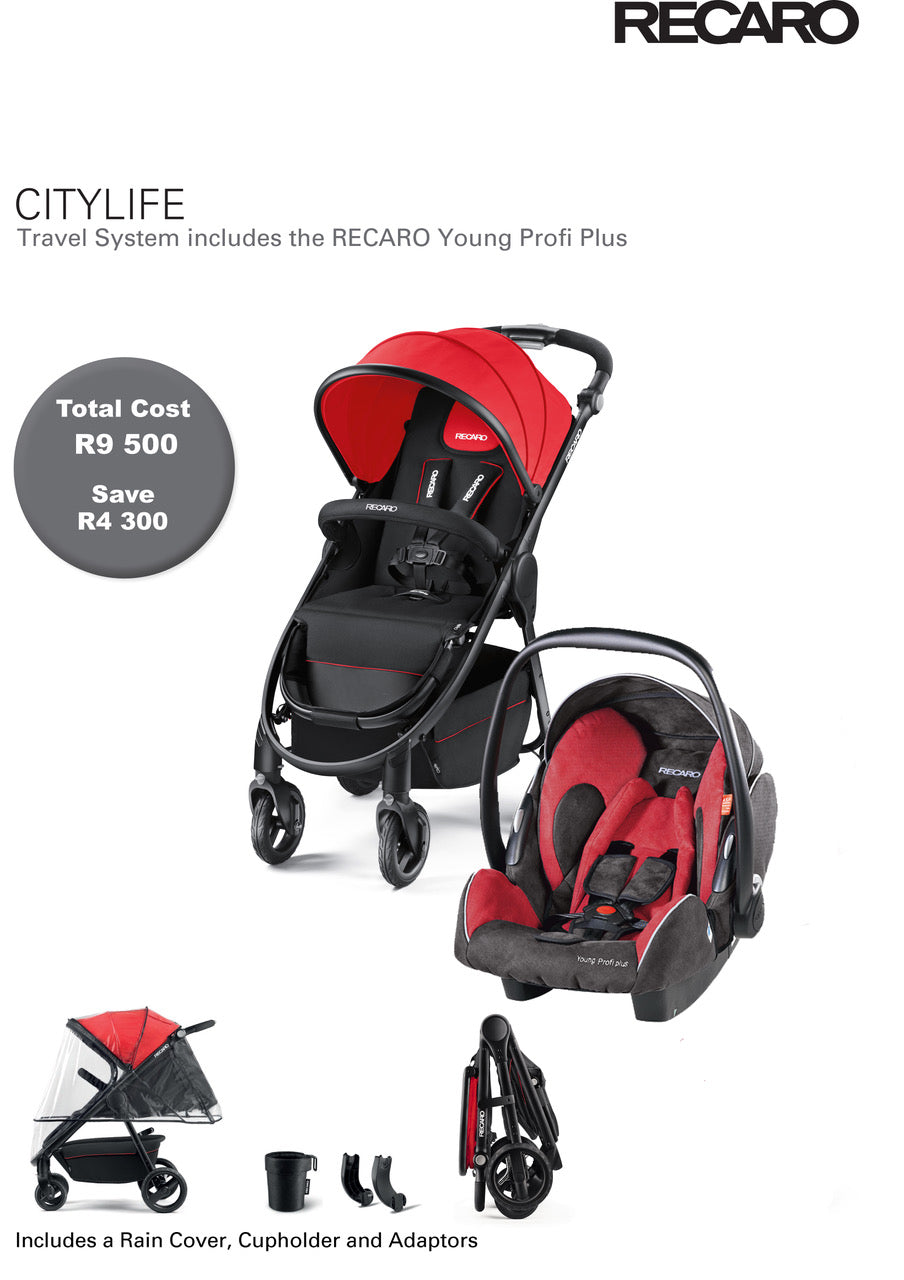 Recaro Citylife Travel System in Red and Black-Baby Strollers-Recaro-Recaro Citylife Stroller with Young Profi Car Seat-www.hellomom.co.za